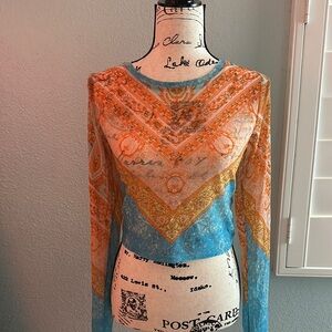 Free People Orange and Blue Sheer Long Sleeve Top